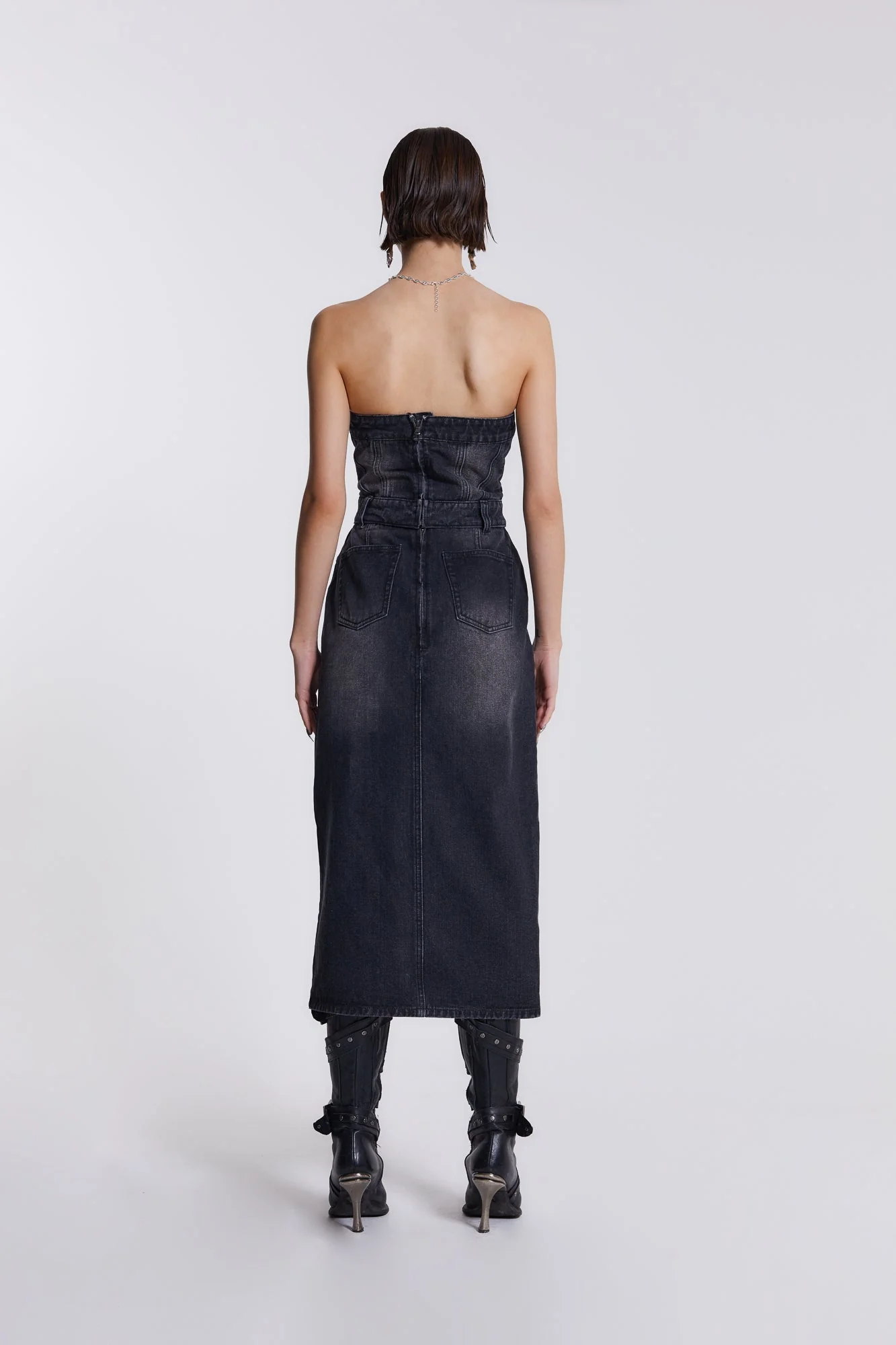Liberty 2 In 1 Detachable Denim Black Midi Dress - Image 3