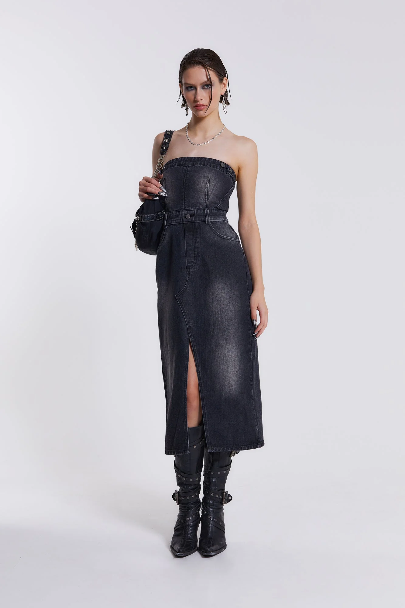 Liberty 2 In 1 Detachable Denim Black Midi Dress - Image 4