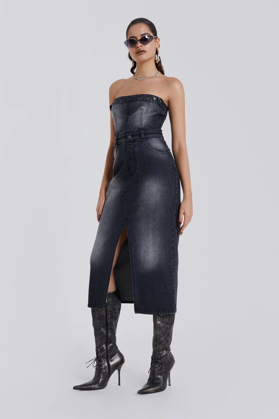 Liberty 2 In 1 Detachable Denim Black Midi Dress - Image 7