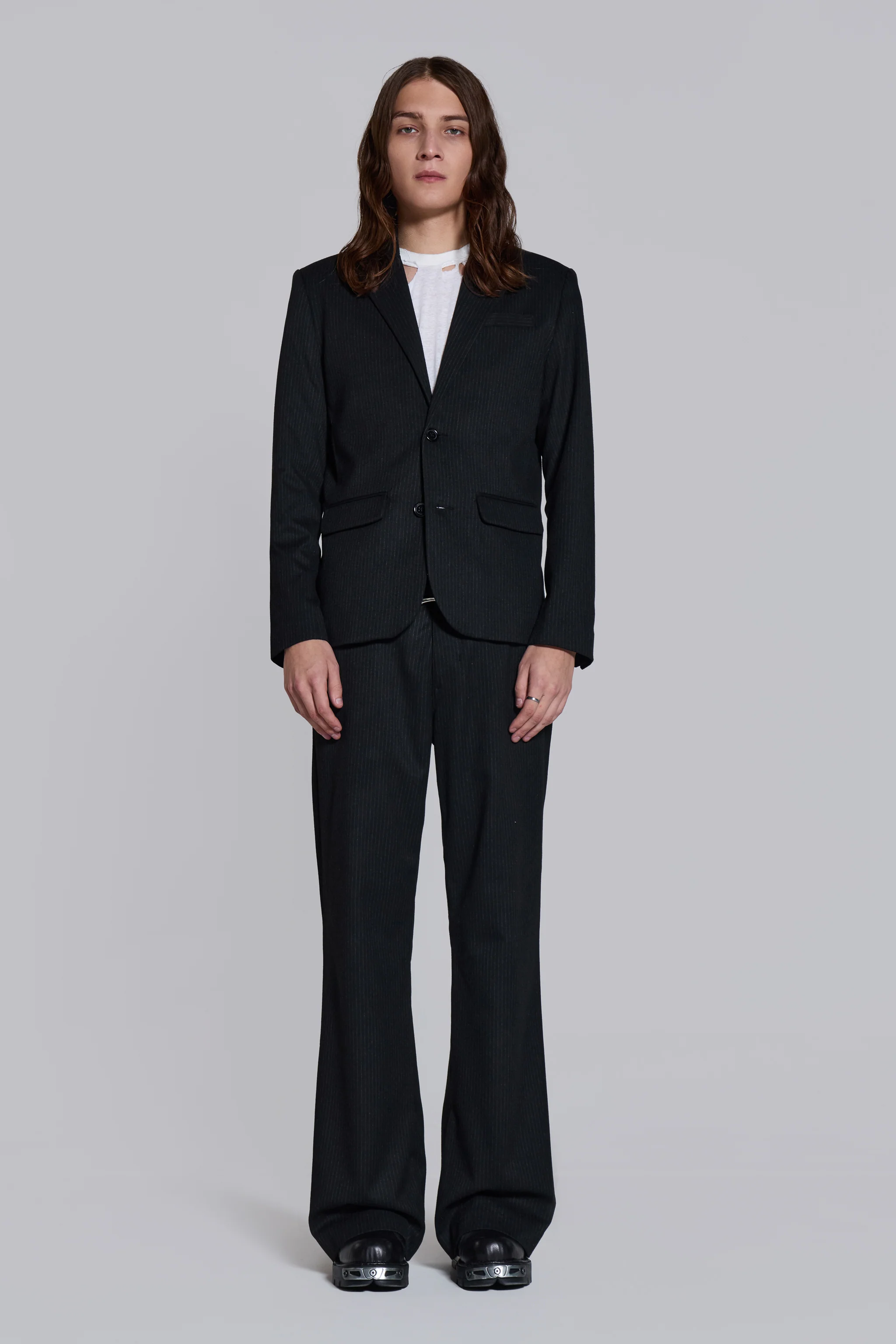 Black Pinstripe Stacked Straight Suit Pants - Image 7