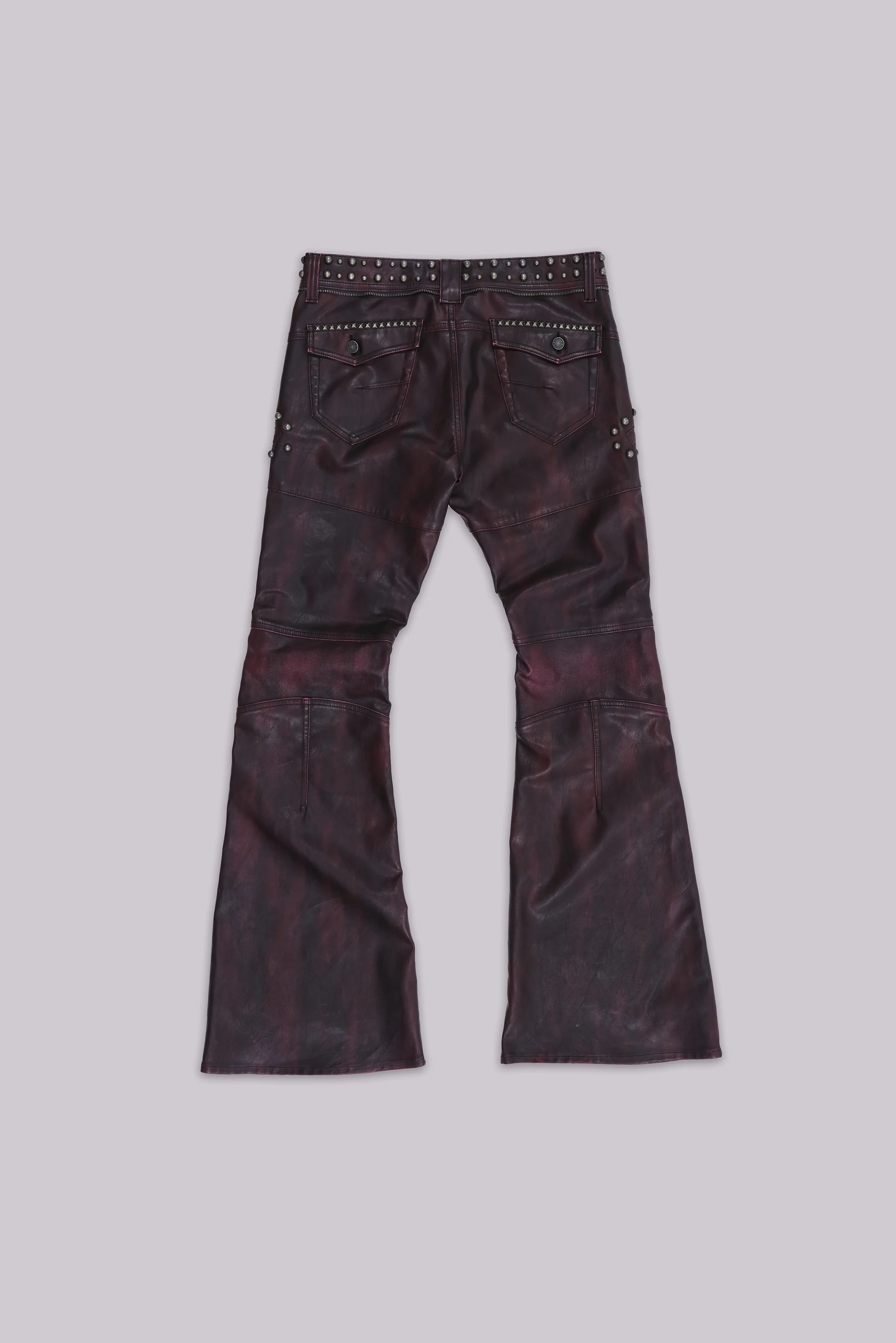 Burgundy Studded Faux Leather Drift Bootcut Trousers - Image 3