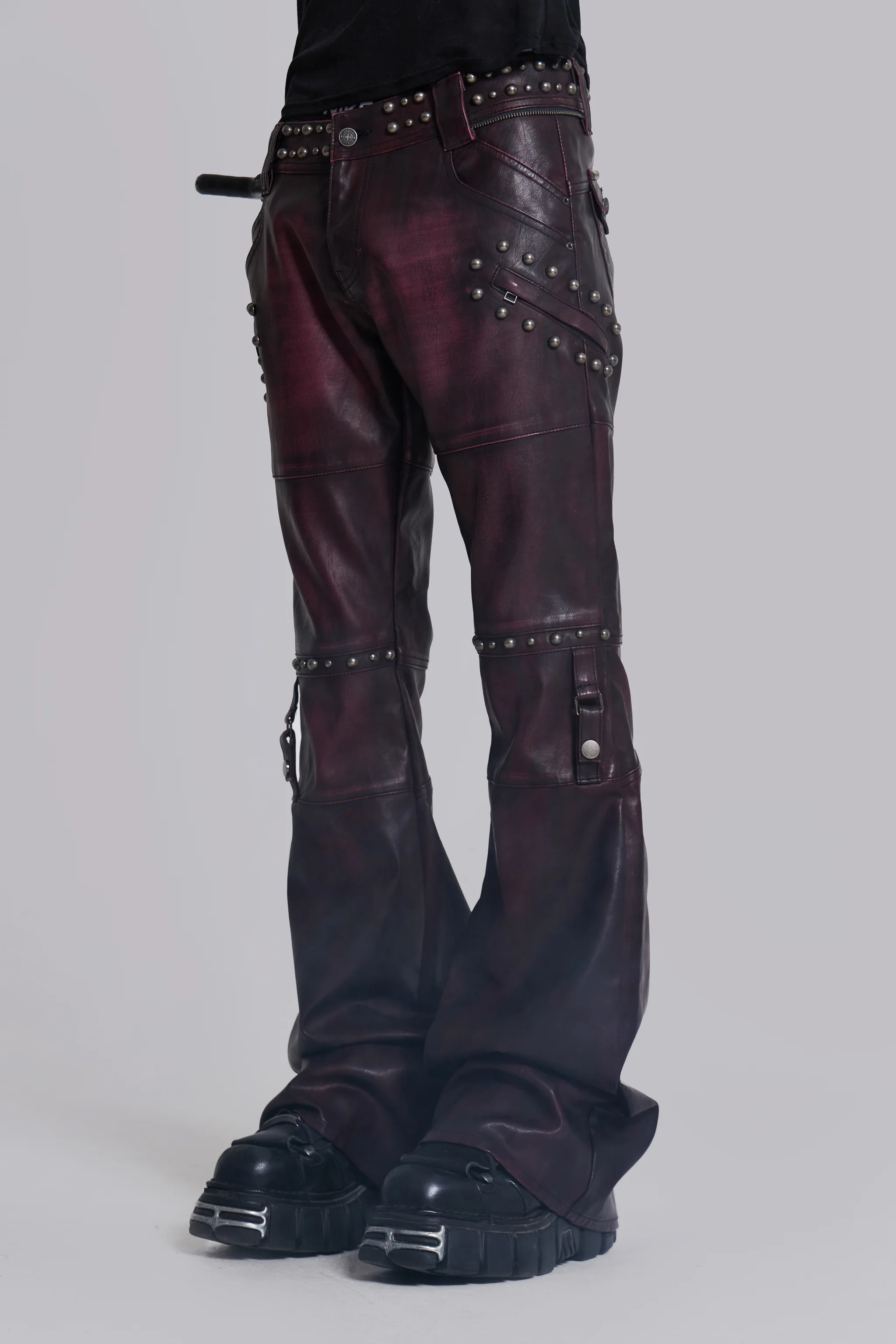 Burgundy Studded Faux Leather Drift Bootcut Trousers - Image 6