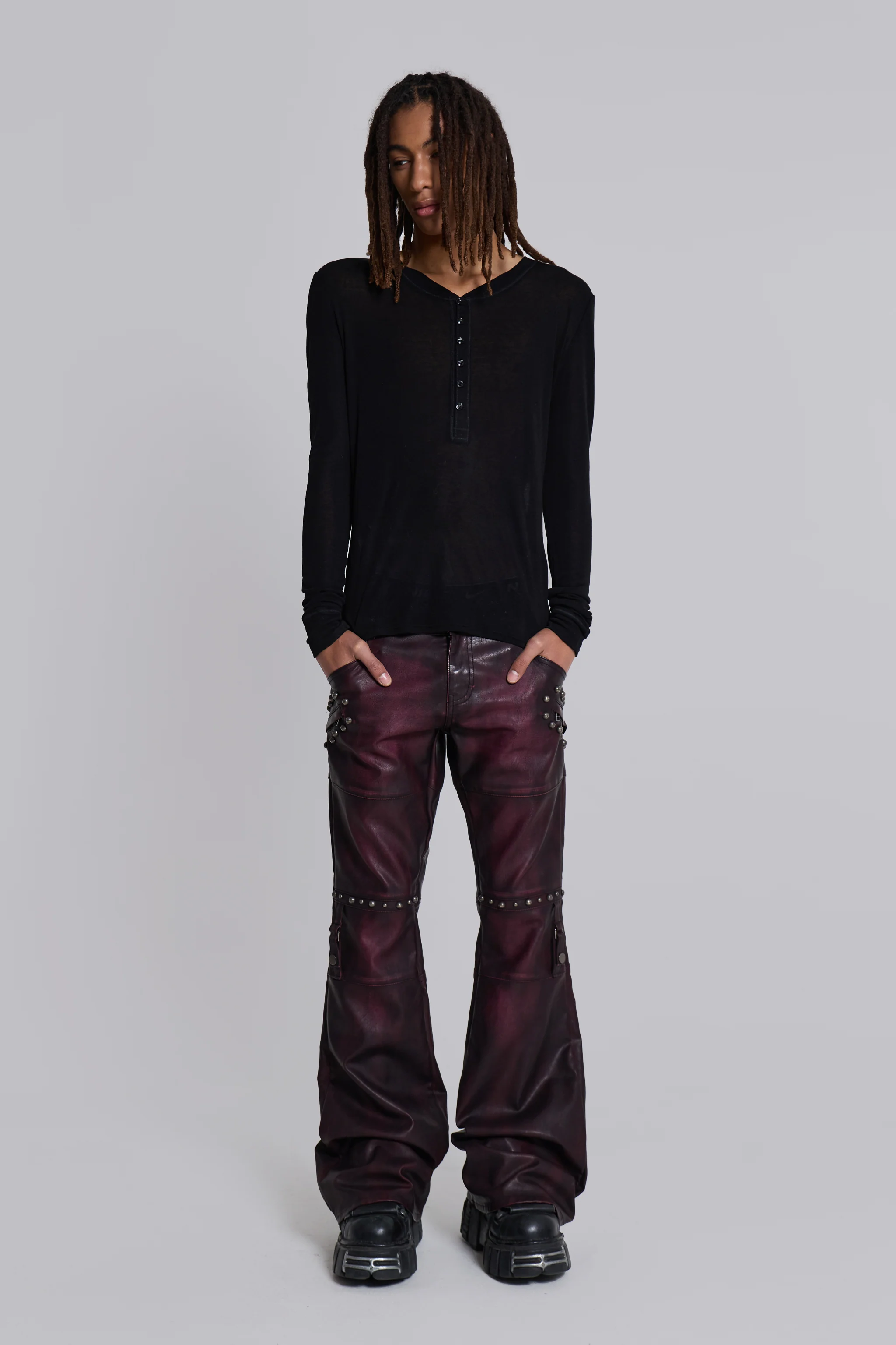 Burgundy Studded Faux Leather Drift Bootcut Trousers - Image 7
