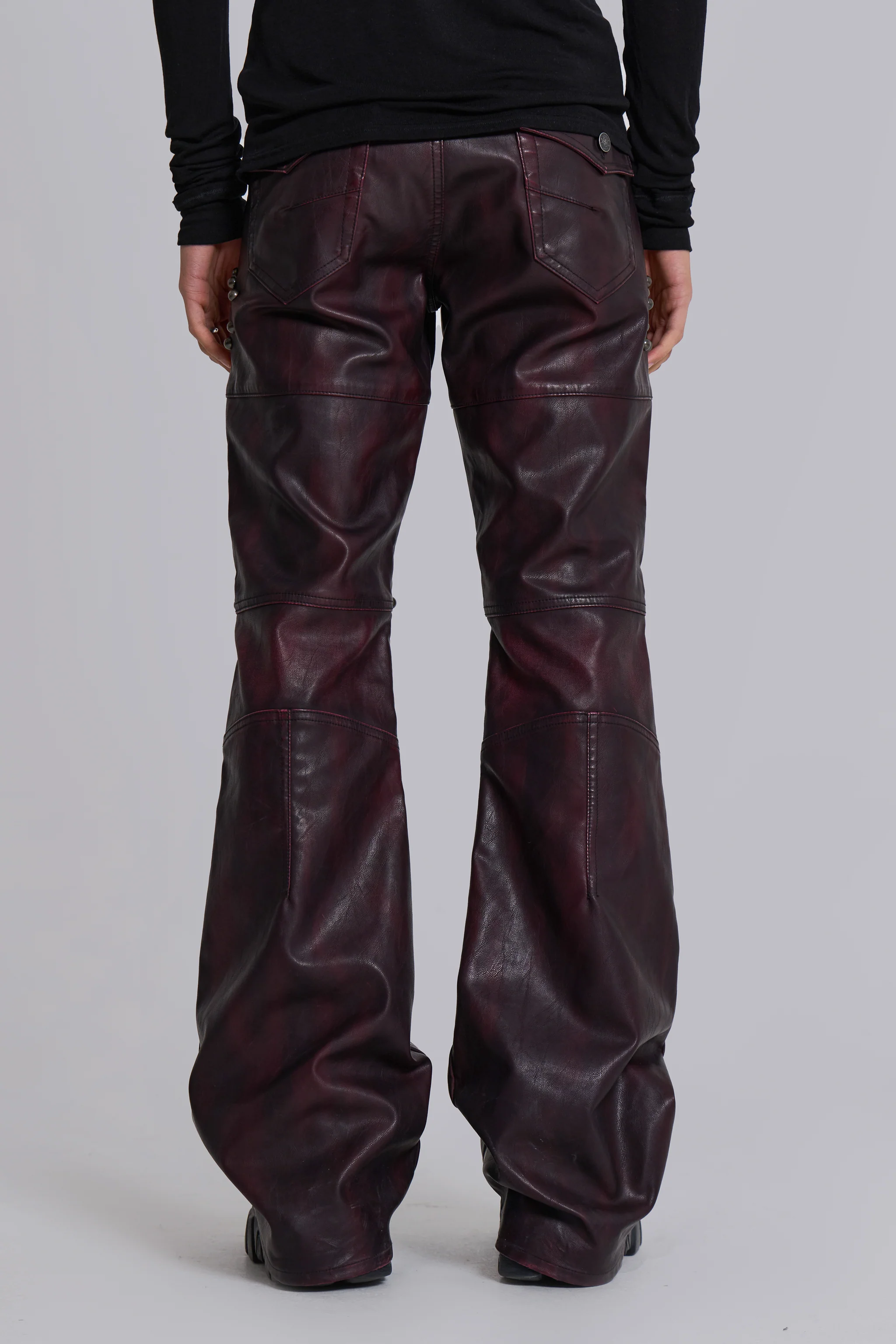 Burgundy Studded Faux Leather Drift Bootcut Trousers - Image 8