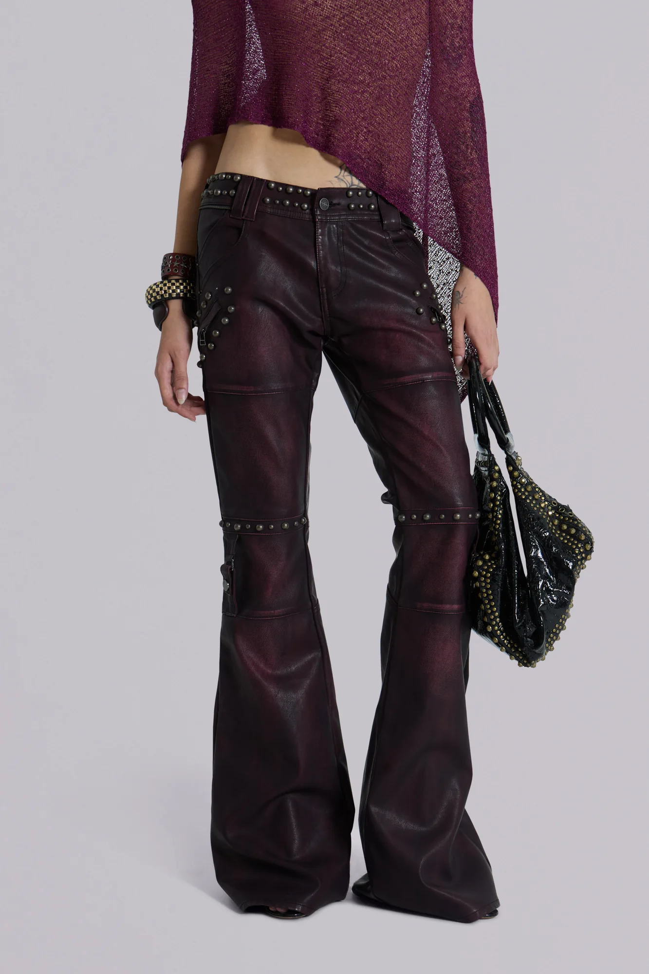 Burgundy Studded Faux Leather Drift Trousers - Image 4