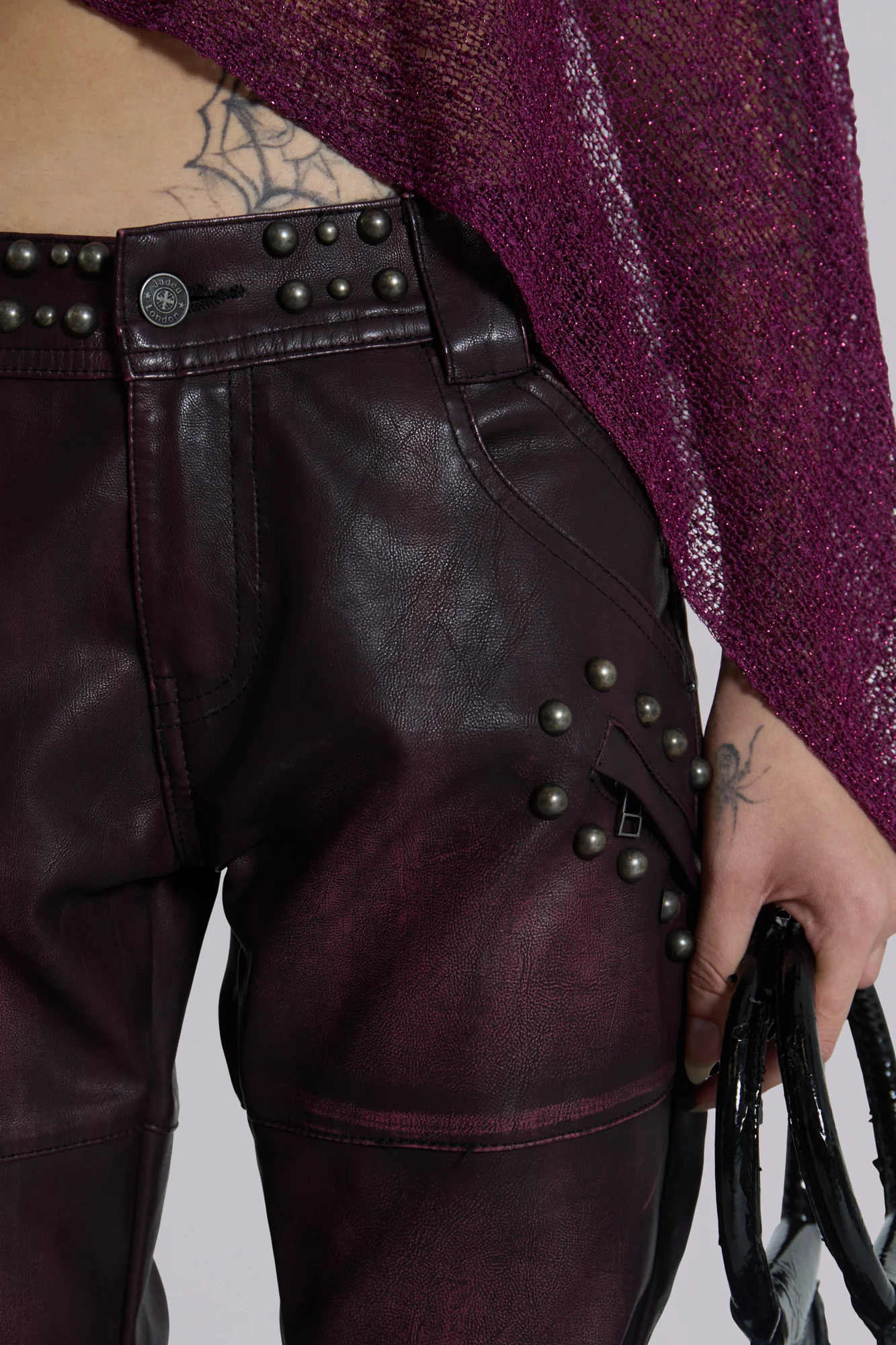 Burgundy Studded Faux Leather Drift Trousers - Image 5
