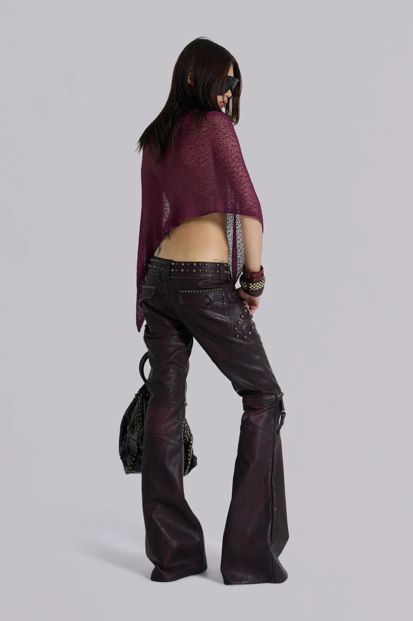 Burgundy Studded Faux Leather Drift Trousers - Image 6