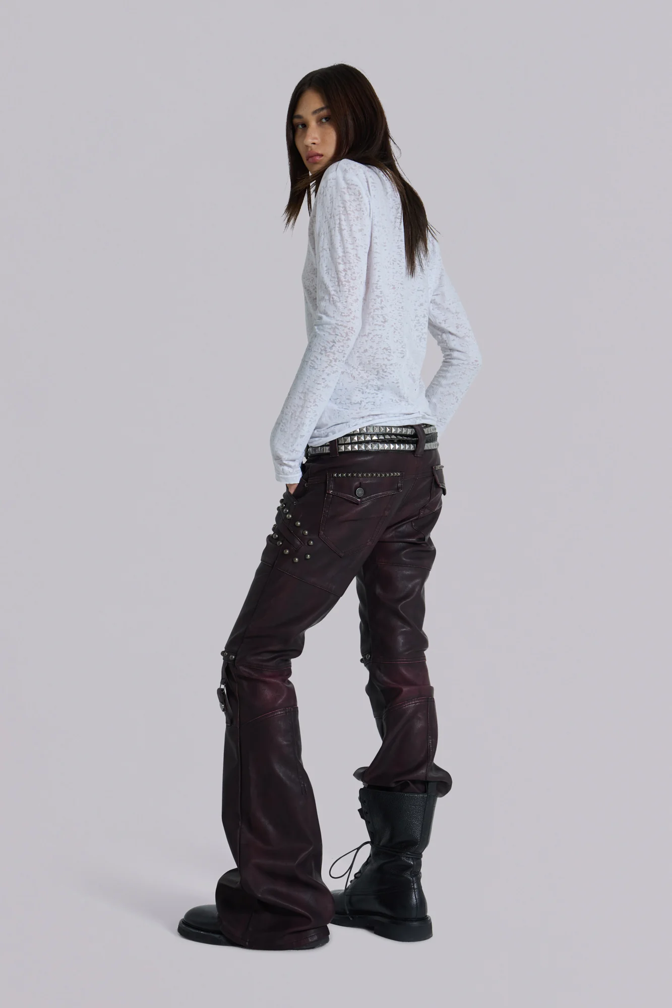 Burgundy Studded Faux Leather Drift Trousers - Image 7