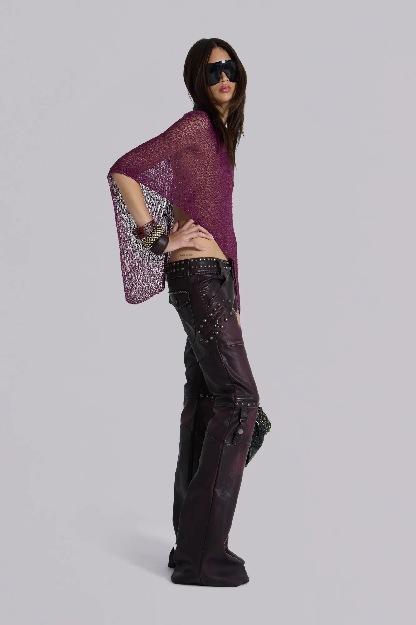 Burgundy Studded Faux Leather Drift Trousers - Image 8