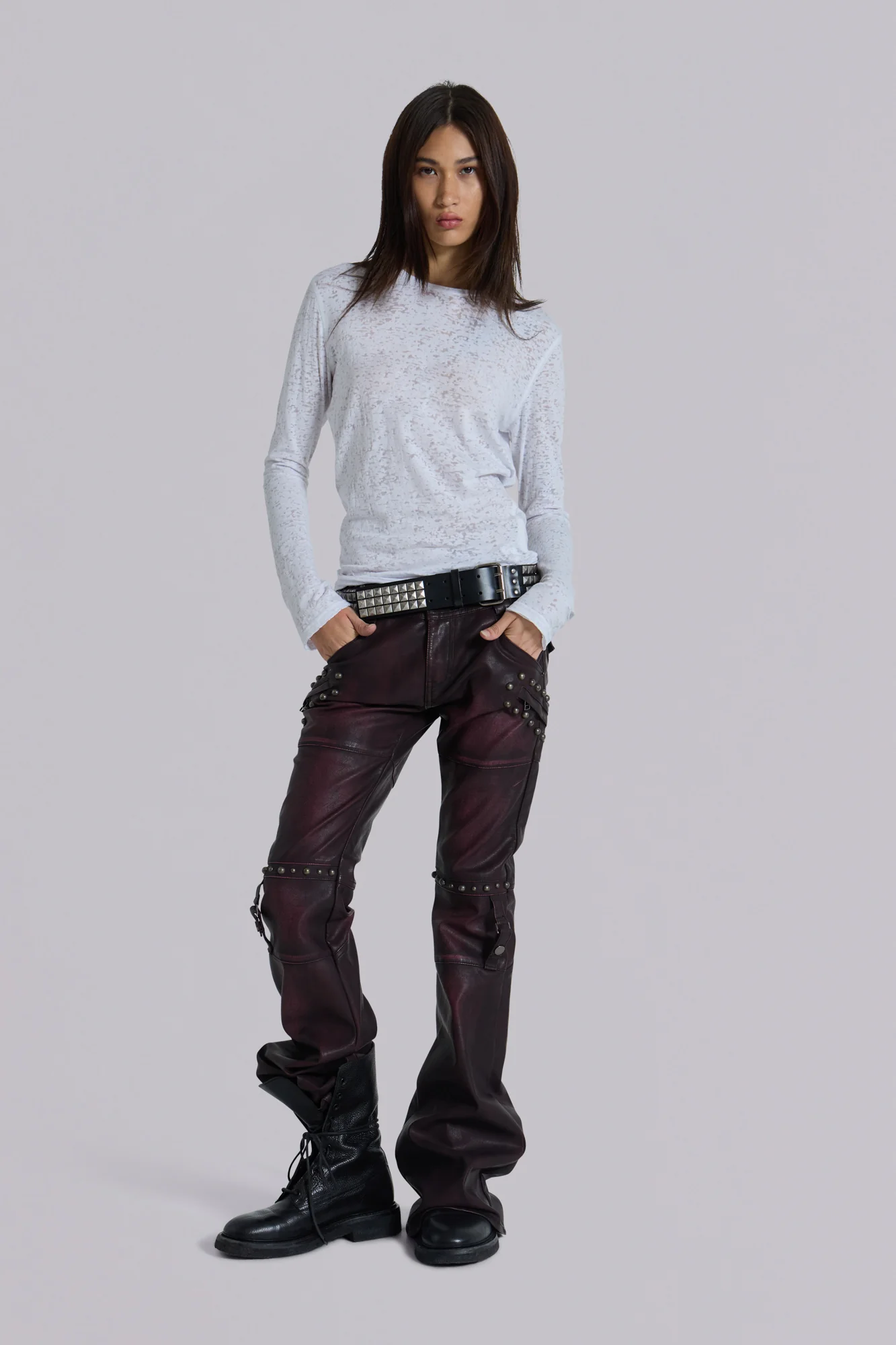 Burgundy Studded Faux Leather Drift Trousers - Image 9
