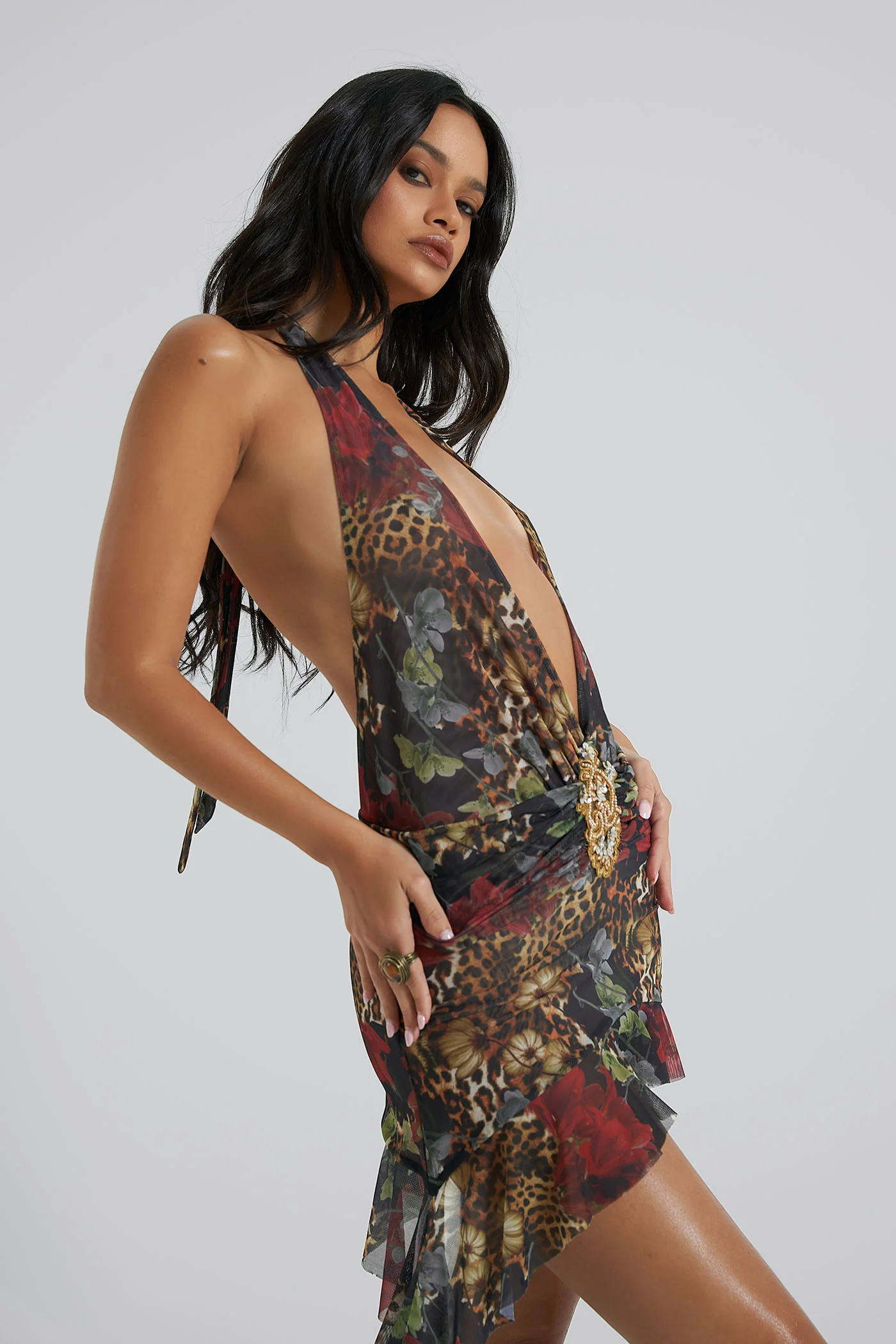 Cindy Plunge Mini Dress in Floral - Image 3