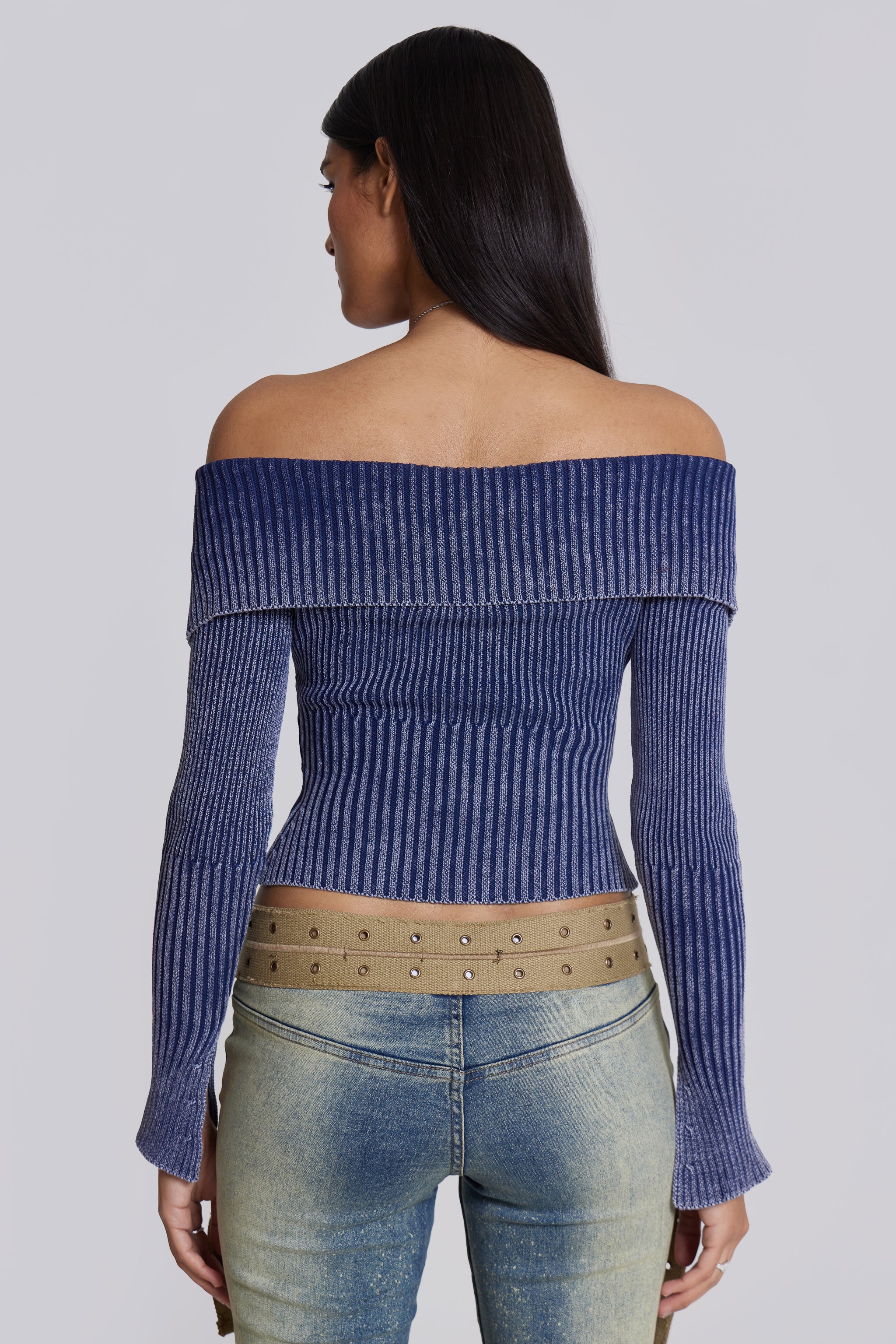 Tribeca Blue Ribbed Off The Shoulder Knit - Image 3