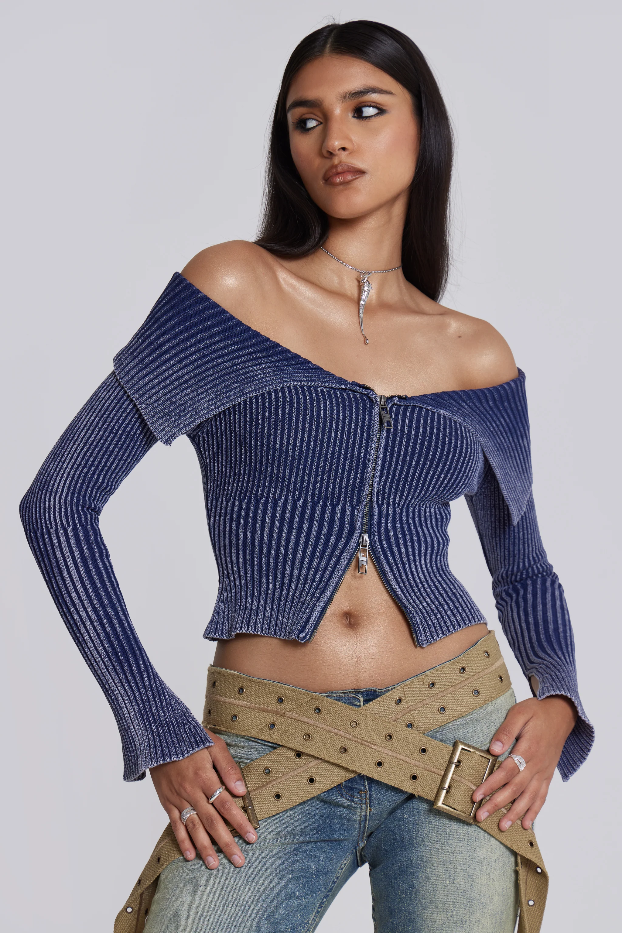 Tribeca Blue Ribbed Off The Shoulder Knit - Image 4