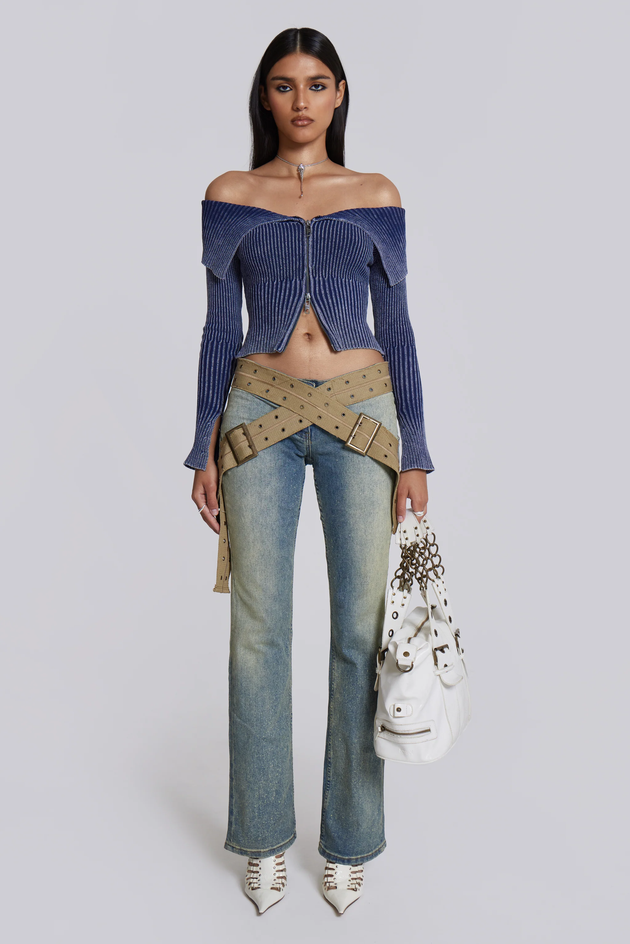 Tribeca Blue Ribbed Off The Shoulder Knit - Image 5