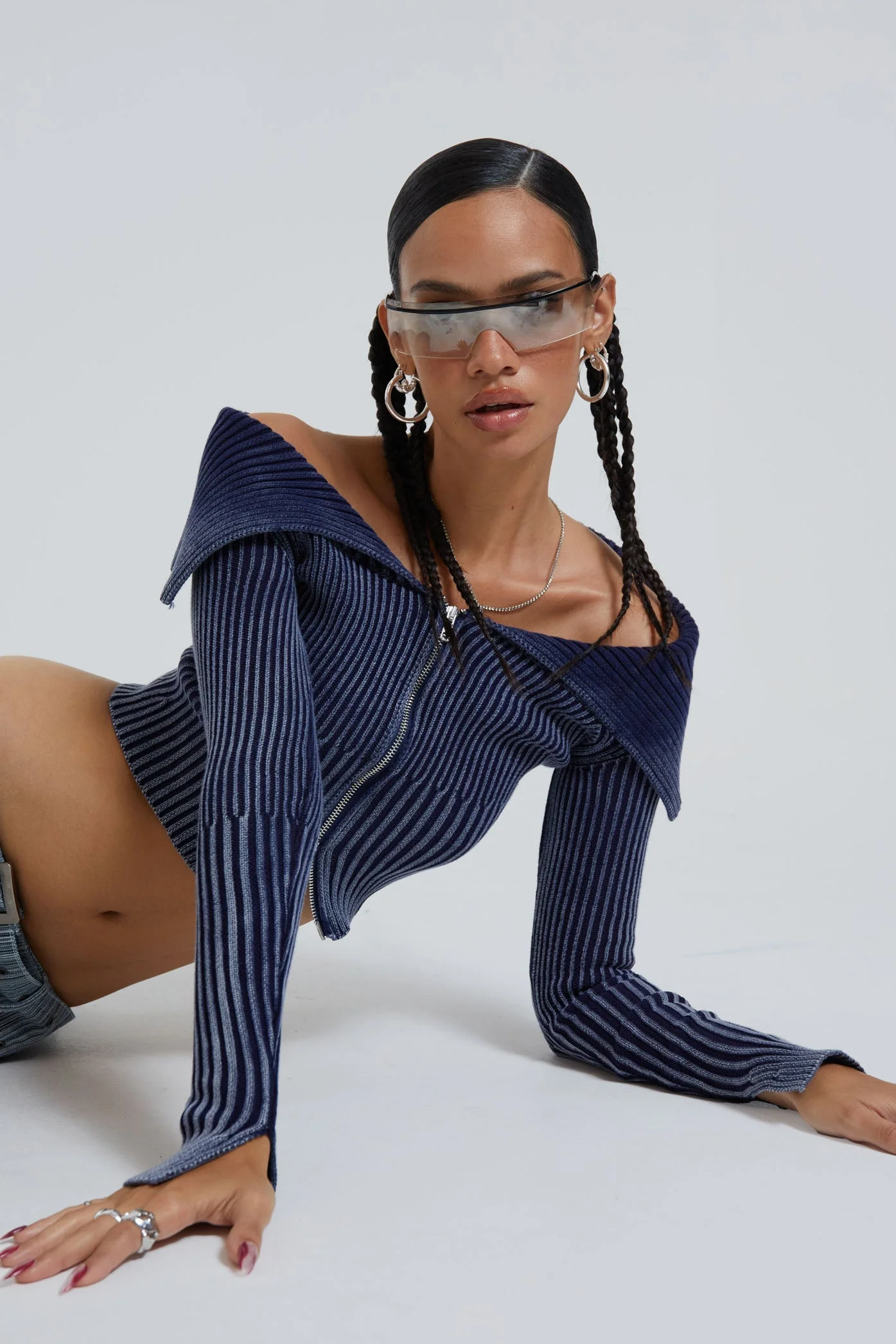 Tribeca Blue Ribbed Off The Shoulder Knit - Image 7