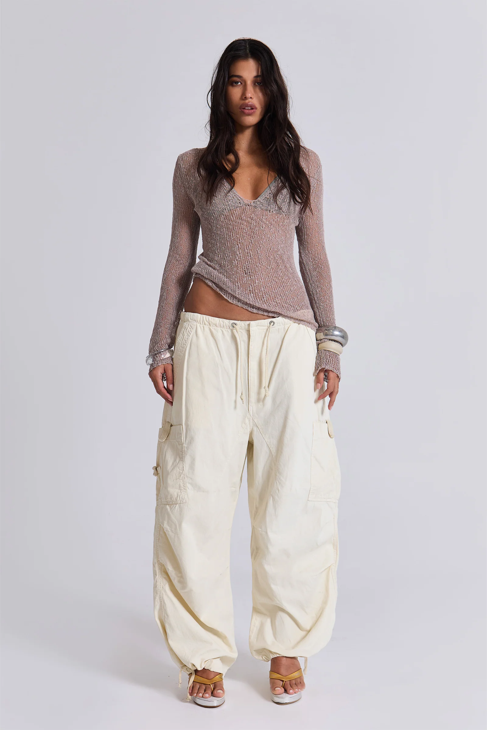 Ecru Parachute Cargo Pants - Image 3