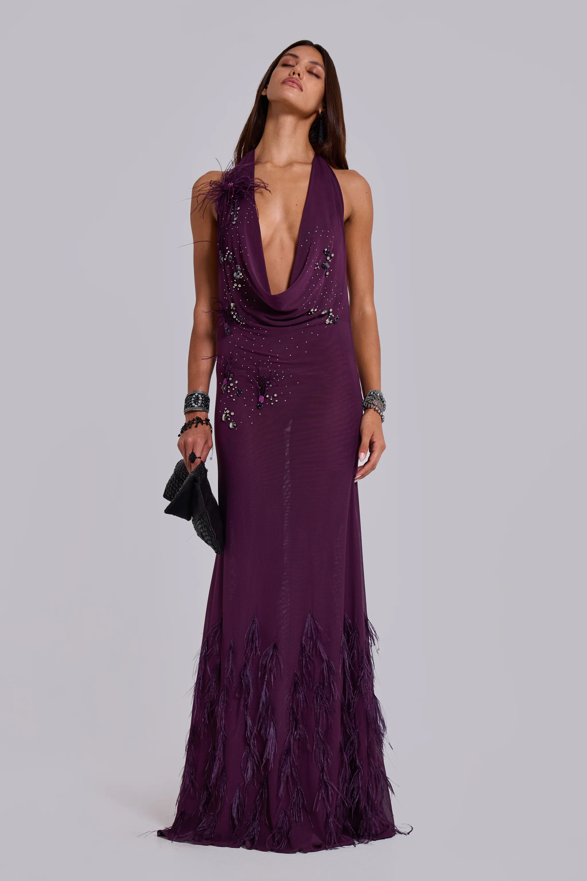 Ember Embellished Plunge Maxi Dress with Real Feather - Image 5