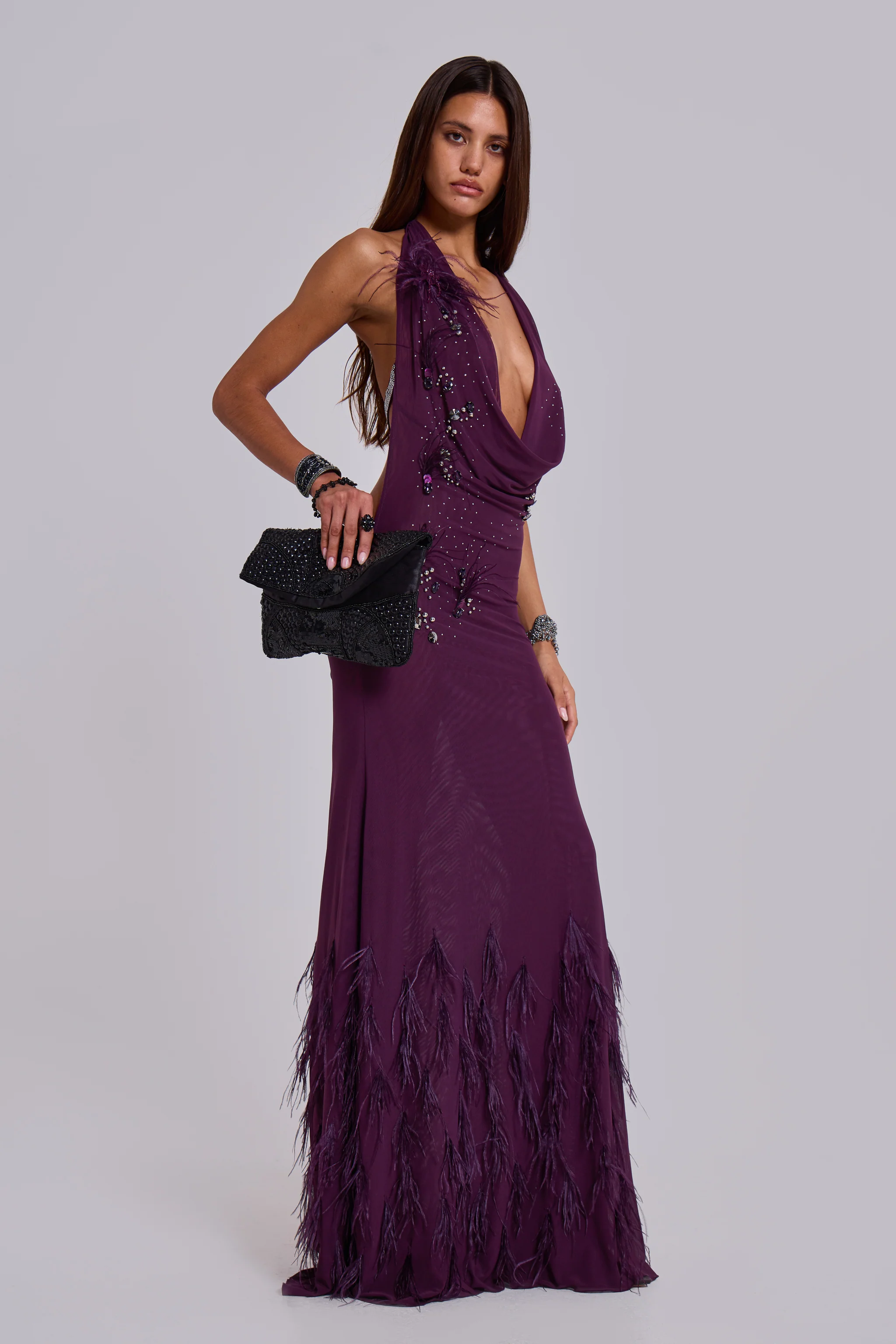 Ember Embellished Plunge Maxi Dress with Real Feather - Image 9