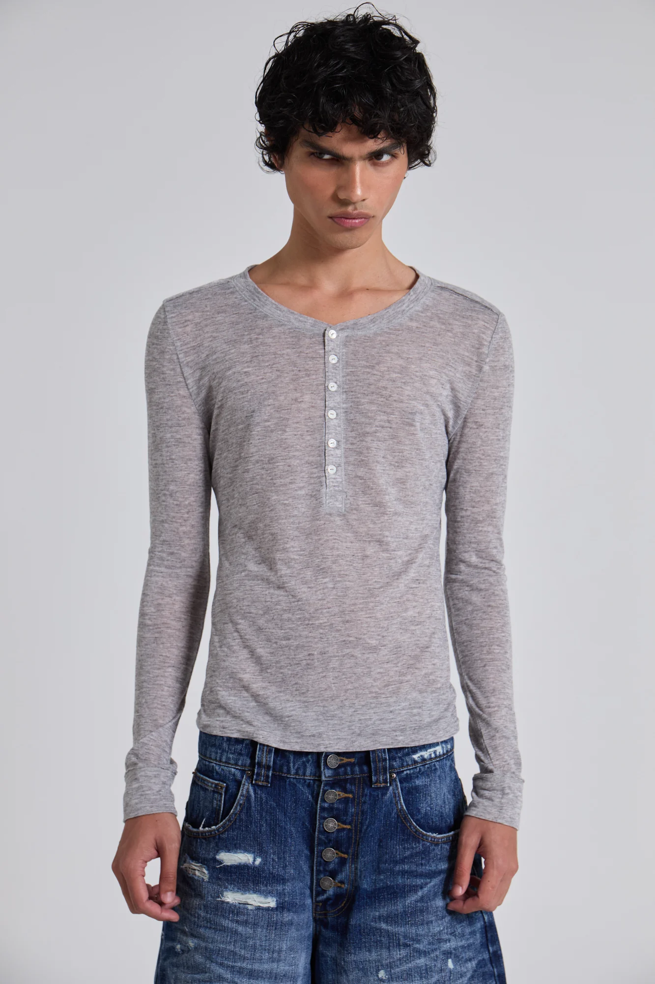 Grey Marl Haze Henley Top - Image 6