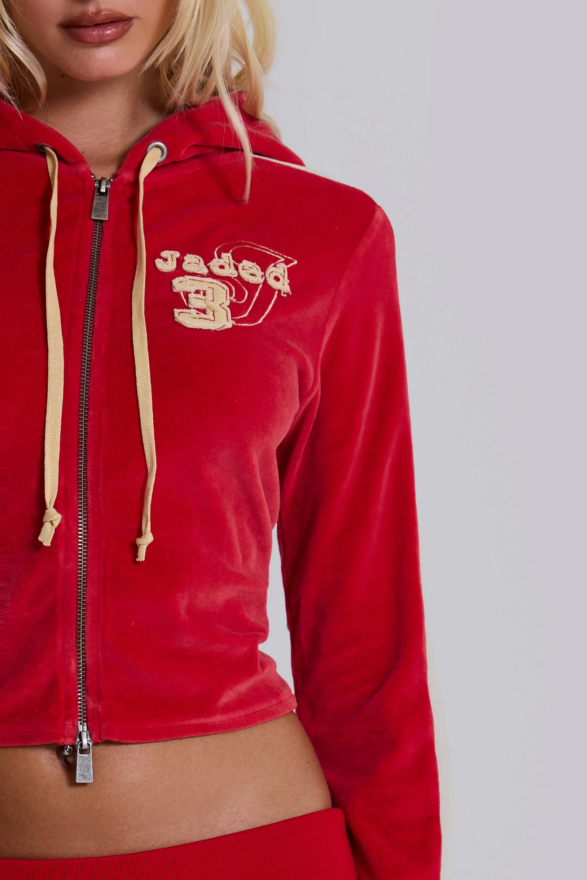 Red Three Velour Fitted Hoodie - Image 4