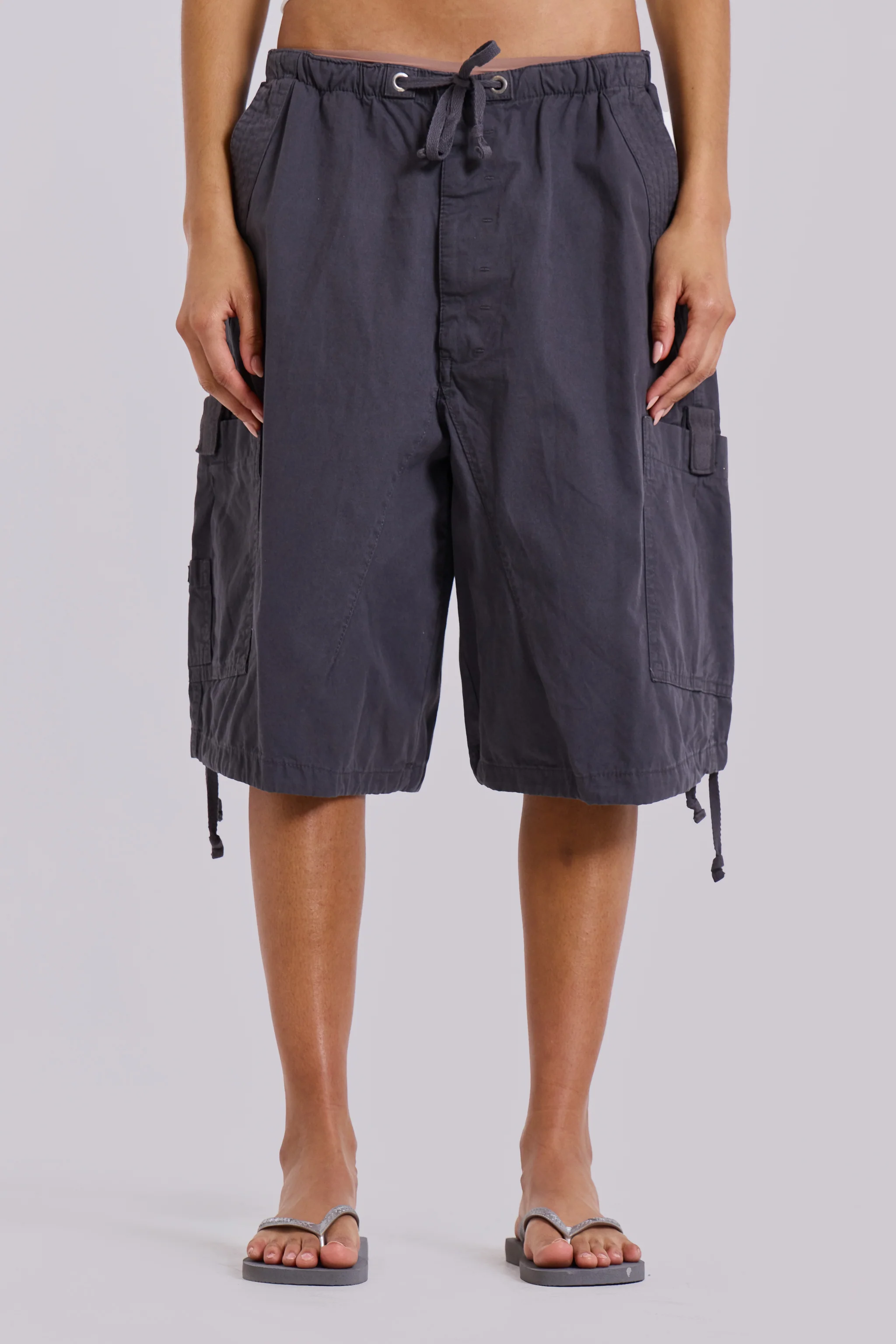 Vintage Grey Parachute Cargo Shorts - Image 3